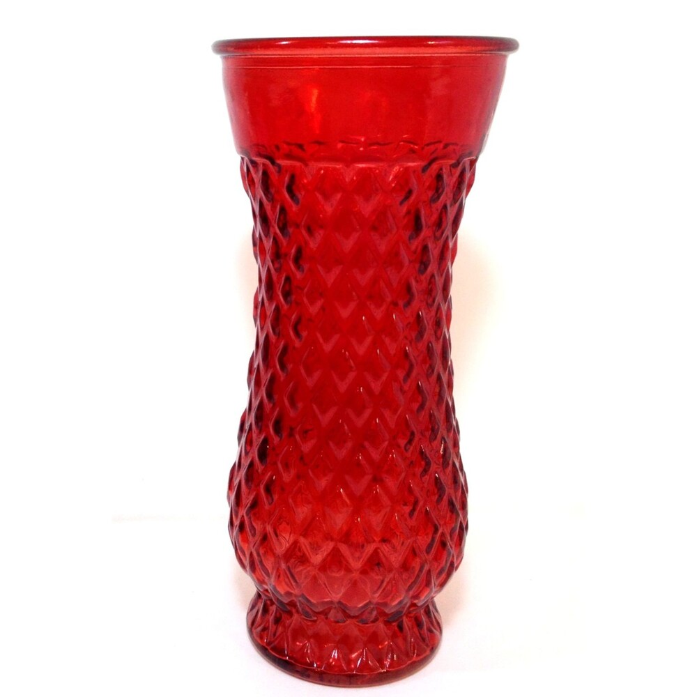 Vintage Ruby Red Diamond Cut Pressed Glass 8.5" Vase